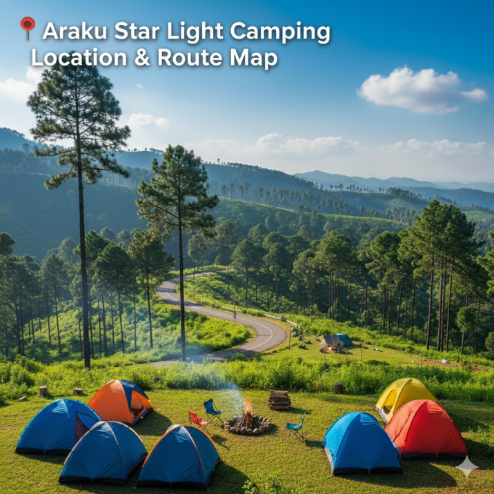 Scenic view of Araku Valley with tents, hills, and route to Araku Star Light Camping