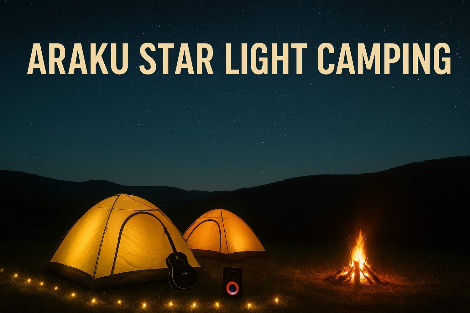 Two glowing araku camping tents under a starry night sky at Araku Star Light Camping with a campfire, guitar, and music setup surrounded by hills.
