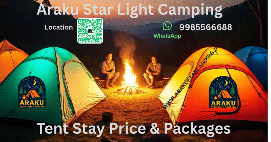 Colorful tents under starry night at Araku Star Light Camping showing Araku tent stay prices and packages