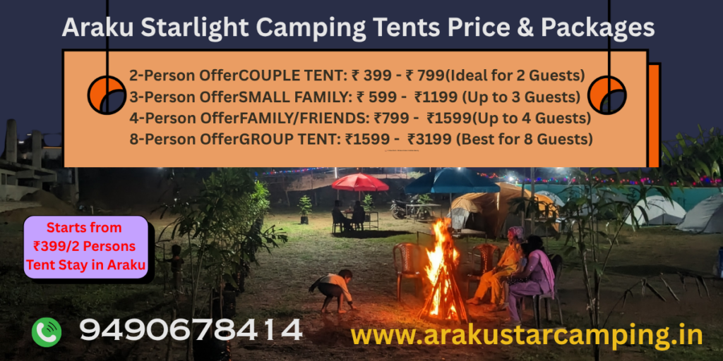 New price update for tent stay camping in Araku Starlight Camping: Cozy 2-person tent for just ₹399/night, shown with campfire and starry sky.